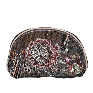 Embellished Sequinned and Beaded Satin Clutch with Floral Detail